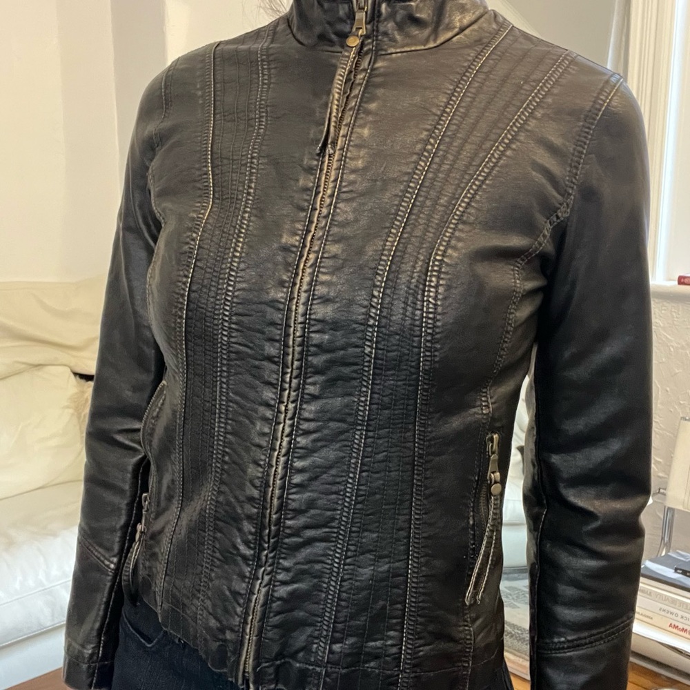 Black and Gold Leather Jacket with Stand-Up Collar